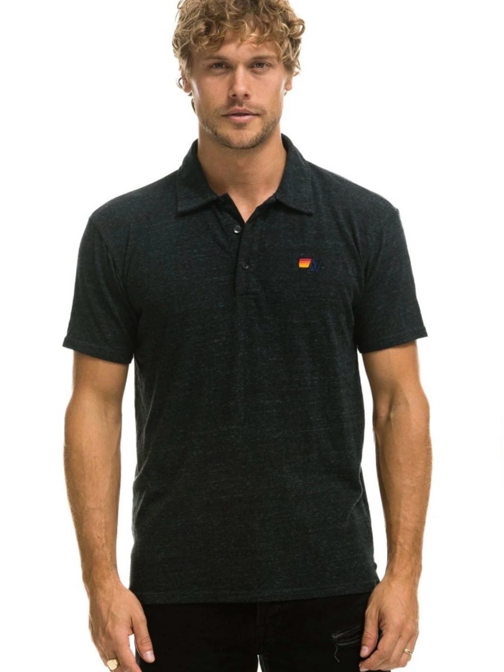Aviator Nation Black Short-Sleeve Polo with Small Stripe Logo